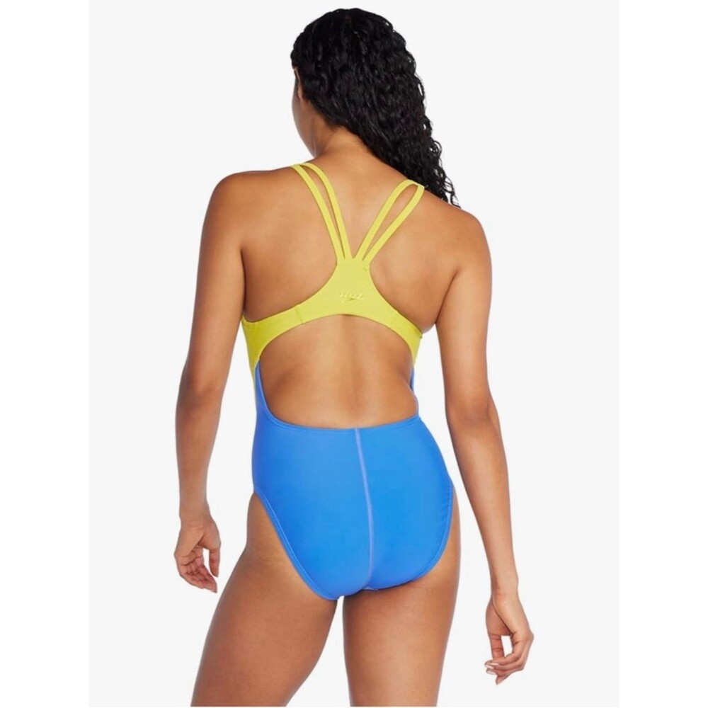 Speedo Swimsuit 1 Piece Creora Quantum Splice Jacquard Sevres Blue Yellow 14 NWT - Picture 3 of 12